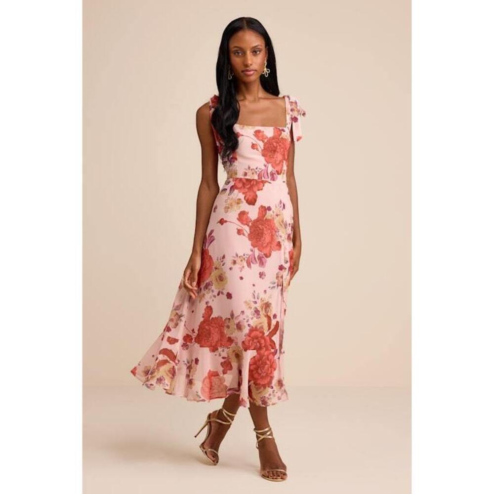 Lulus Summer Invite Blush Pink Floral Tie-strap Tiered Midi Dress - Size S